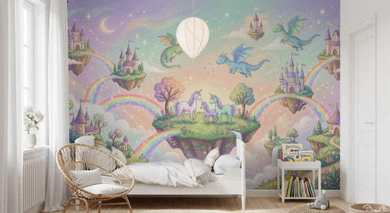 Unicorn wallpaper mural behind a kids bed with a round pendant light GD13081