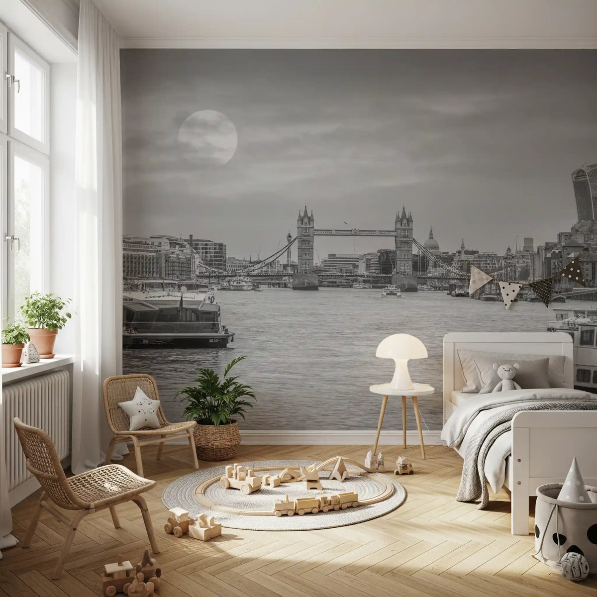Thames River Moonlight Panorama Wall Mural