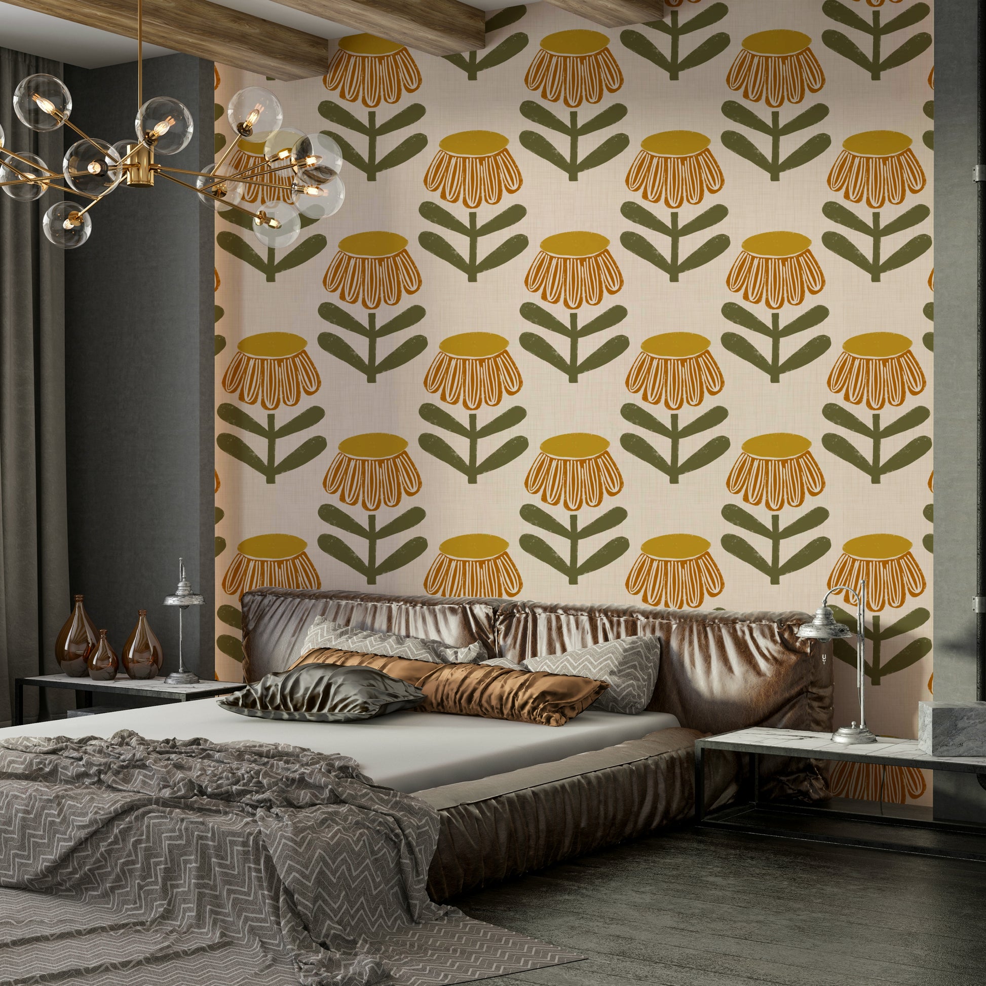 Mural wallpaper with retro daisies

