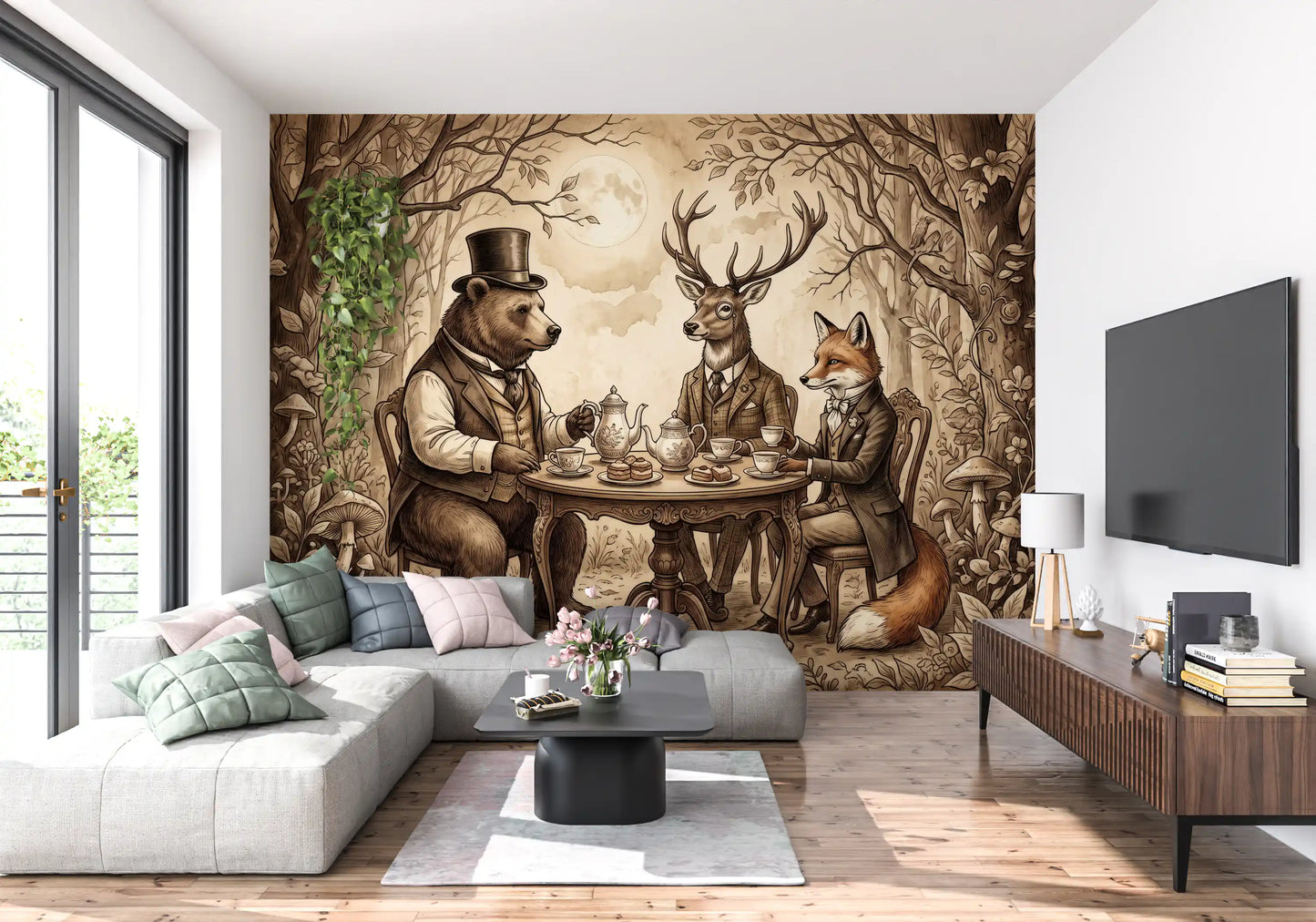 Woodland Tea Party in Sepia Wall Mural