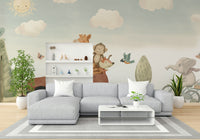 Playful animal friends driving through grassy landscape