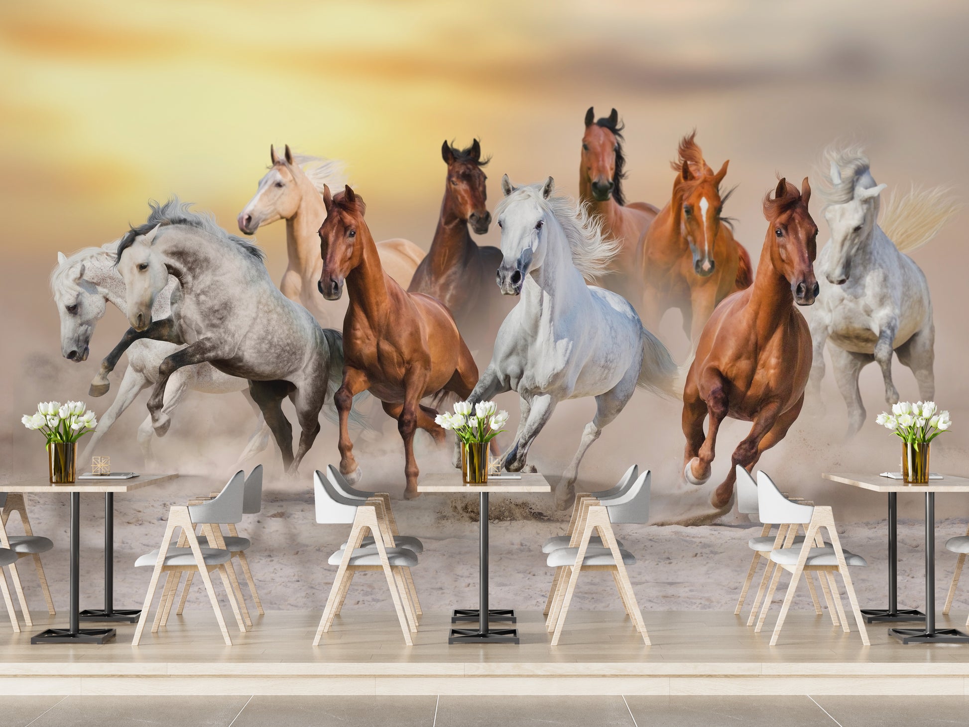 Powerful 7 horses mural in fiery tones
