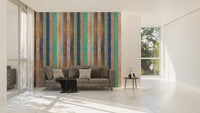Striped wooden plank mural with earthy tones
