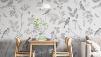 Elegant garden birds mural with gray tones