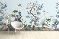 Heron and peacock mural wallpaper for decor

