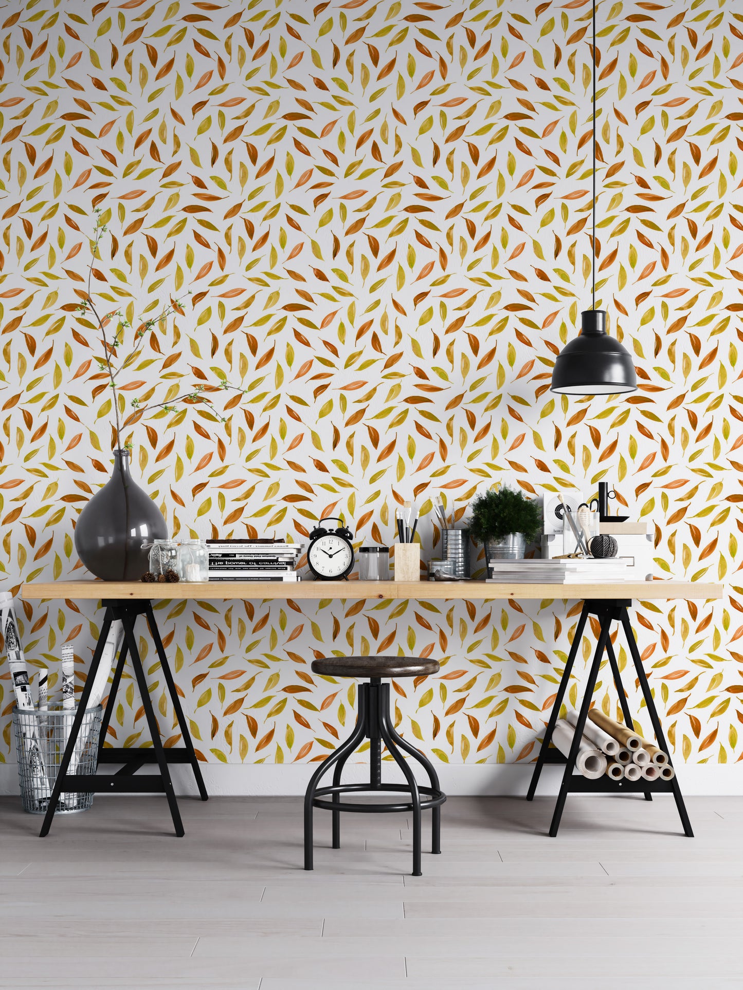 Fall-inspired wallpaper with floating leaf illustrations

