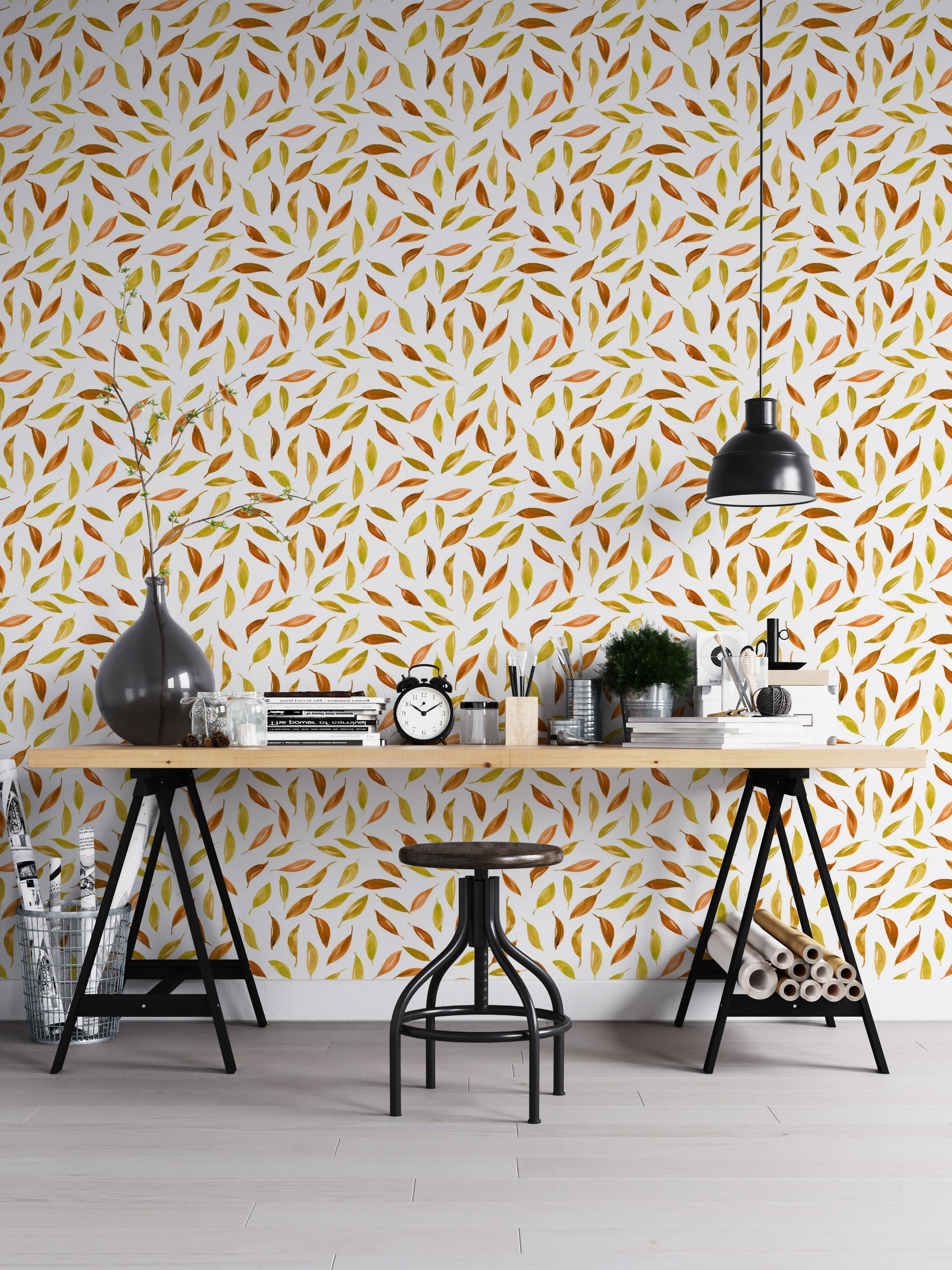 Fall-inspired wallpaper with floating leaf illustrations

