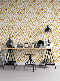 Fall-inspired wallpaper with floating leaf illustrations


