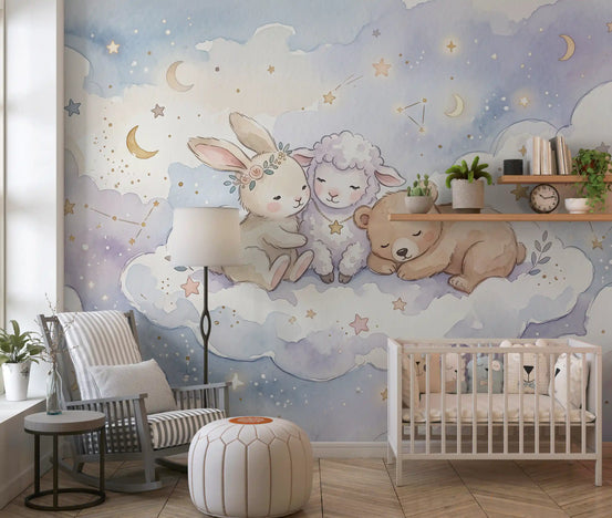 Nursery wallpaper with the cloud animal mural above a white crib and rocking chair GD13078