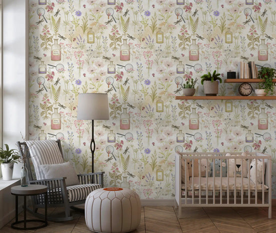Apothecary wildflower wallpaper in a nursery with white crib and rocking chair GD12713