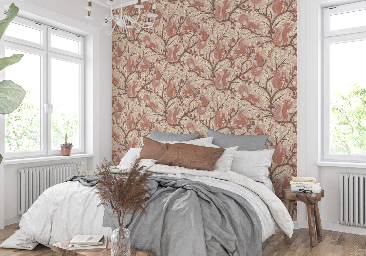 Nature wallpaper featuring oak leaves and squirrels

