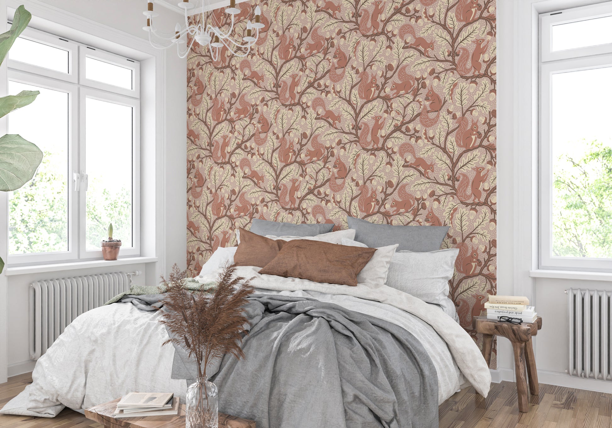 Nature wallpaper featuring oak leaves and squirrels

