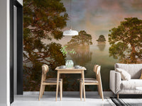 Transform your space with stunning watercolor lake sunset forest mural.