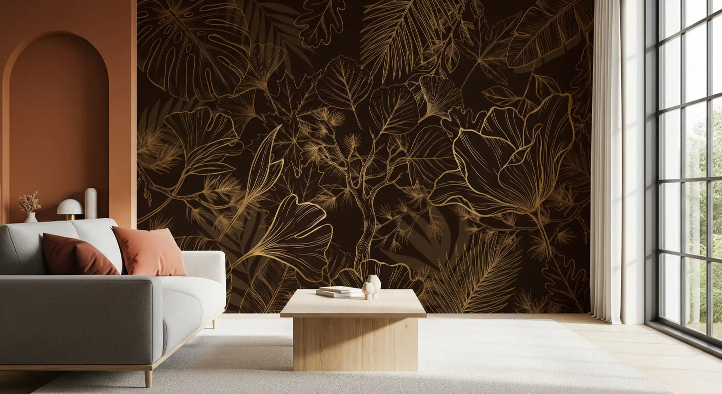 Golden Botanical Foliage Wall Mural