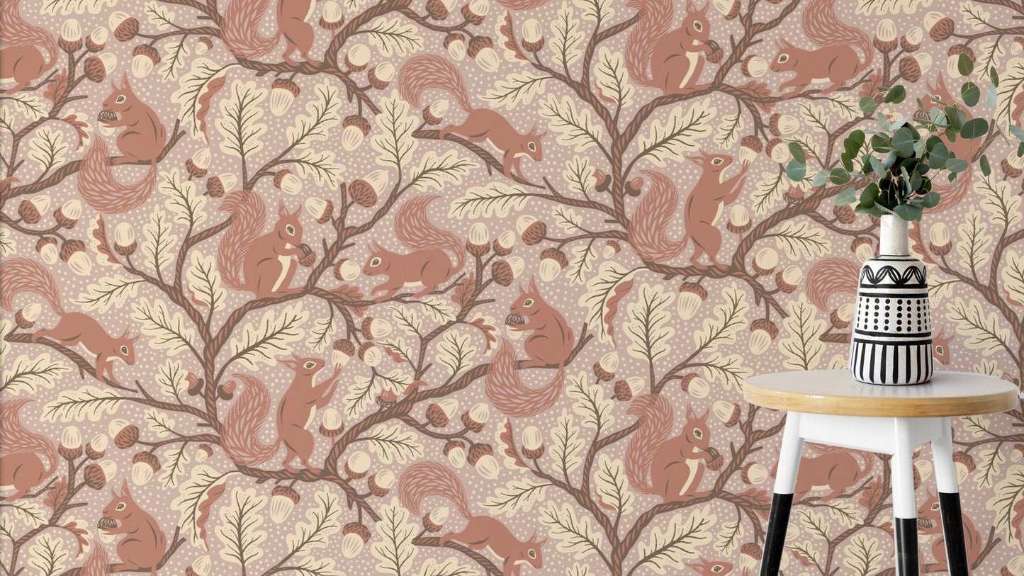 Squirrel perched on an oak branch wallpaper design

