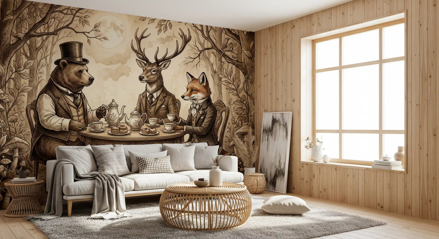 Woodland Tea Party in Sepia Wall Mural