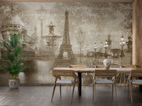 Vintage mural of Paris city landmarks