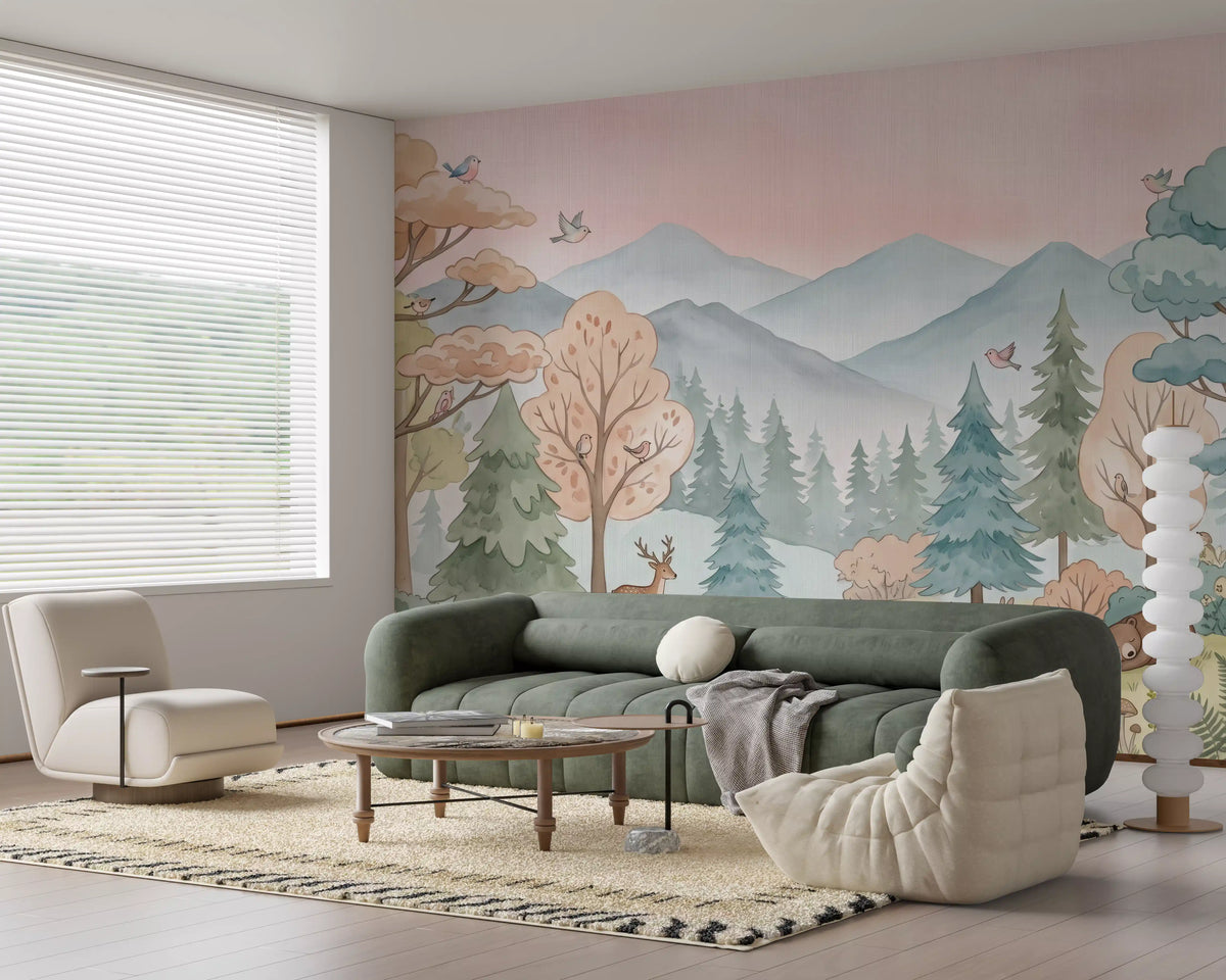 Whimsical woodland forest mural behind a green sofa and round coffee table in a lounge GD12612