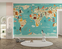 Animal-themed world map mural for nursery
