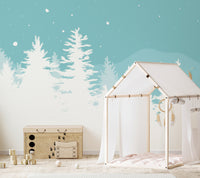 Snowy pine tree wallpaper creating a magical Christmas feel.
