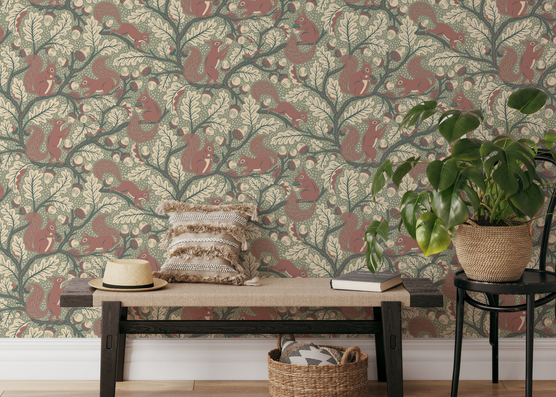 Nature-inspired wallpaper with squirrels and leaves

