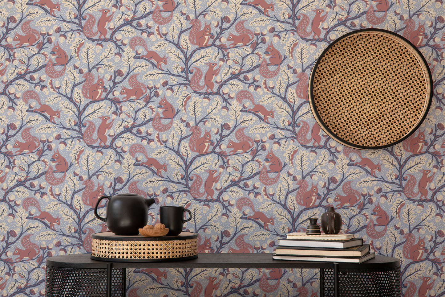 Hand-drawn squirrels and oak trees in blue hues

