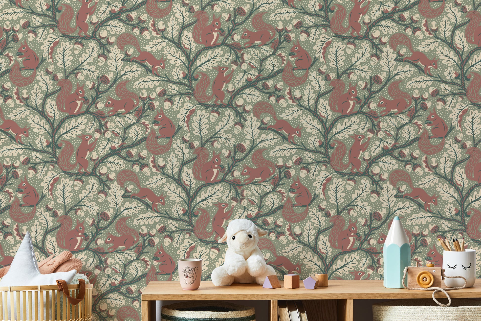 Woodland wallpaper with squirrels in green tones

