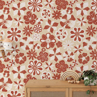 Peel and stick bold flower wallpaper in soft cream tones

