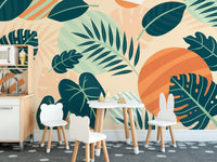 Green Orange Beige Leaves Wallpaper Mural - Giffywalls