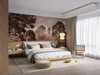 Watercolor lake sepia ink mural wallpaper for a cozy, tranquil setting.