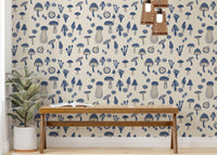 Navy blue watercolor mushrooms wallpaper for decor