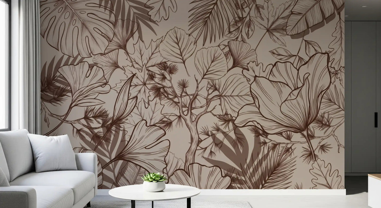 Monochromatic Botanical Line Art Wall Mural