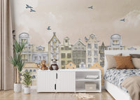 Subtle cityscape mural for kids' space
