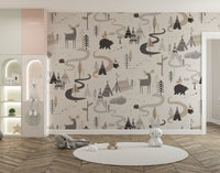 Artistic animal-themed woodland wallpaper for cozy kids' rooms.