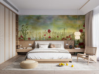 Poppy Flower Watercolor Green Wallpaper Murals - Giffywalls