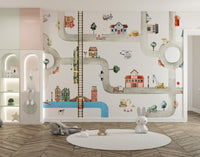 Vehicle-themed wallpaper for kids with roads and structures