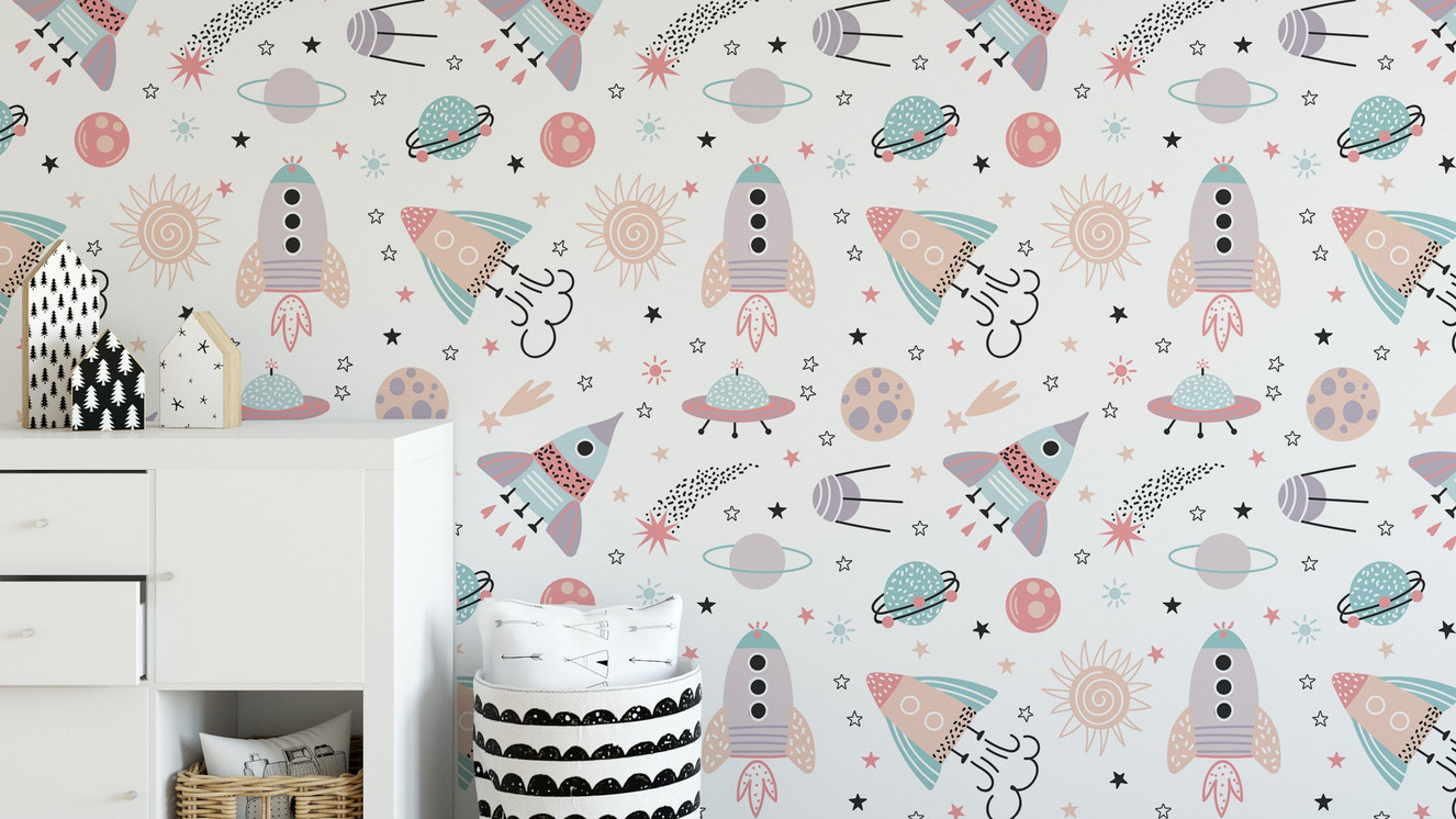 Playful space-themed wallpaper design
