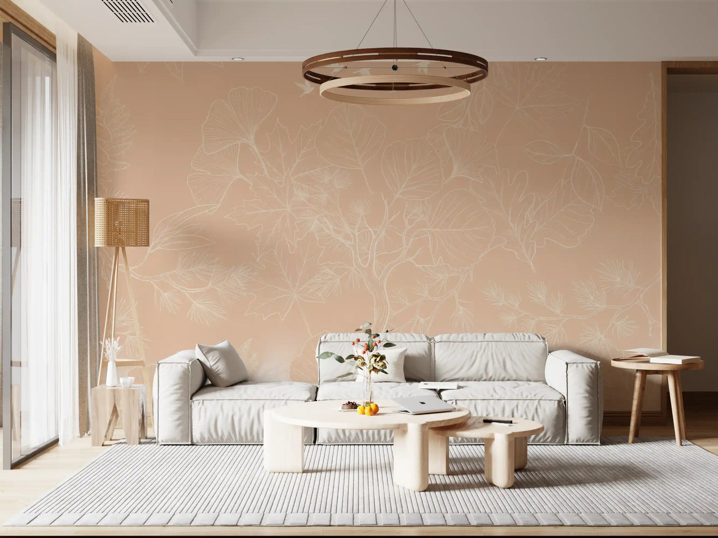 Serene Peach Botanical Line Art Wall Mural