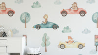 Playful animal racers in watercolor design for kids' walls
