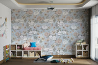 Blue nursery wallpaper with forest animals

