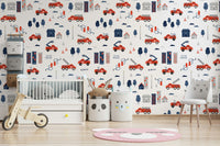 Kids room wallpaper with fire engines

