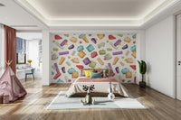 Bright toy-themed wallpaper for children’s playroom