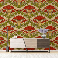 Charming red heritage mushroom wallpaper for cozy, vintage decor.
