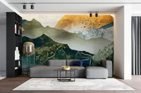 Green Golden Mountains Sunset Wallpaper – Scenic Wall Mural