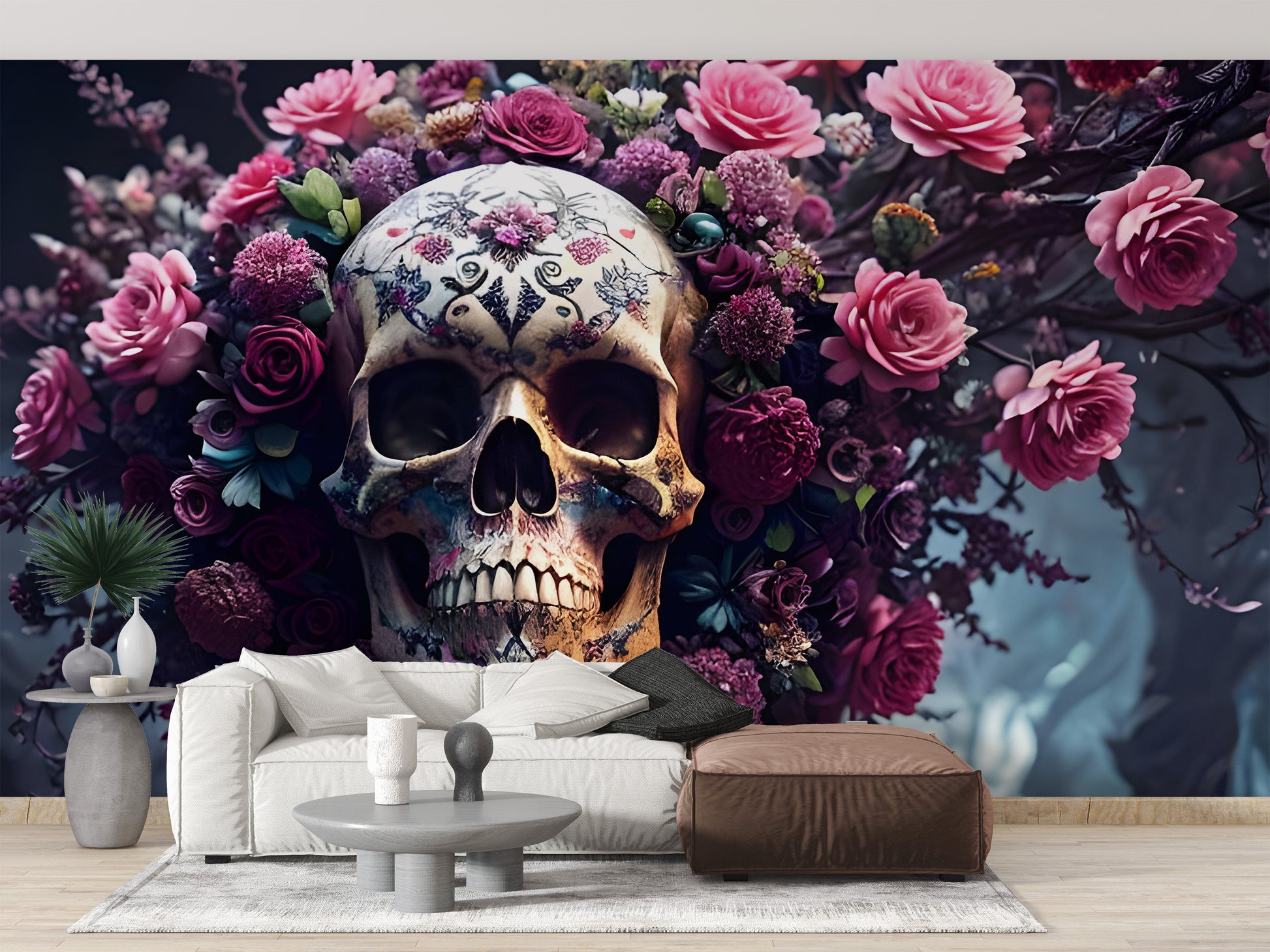 Skull and flower wallpaper design.
