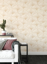 Botanical wall mural featuring flowing ginkgo shapes

