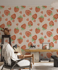 Artistic heartful strawberries wallpaper for unique, cheerful spaces.
