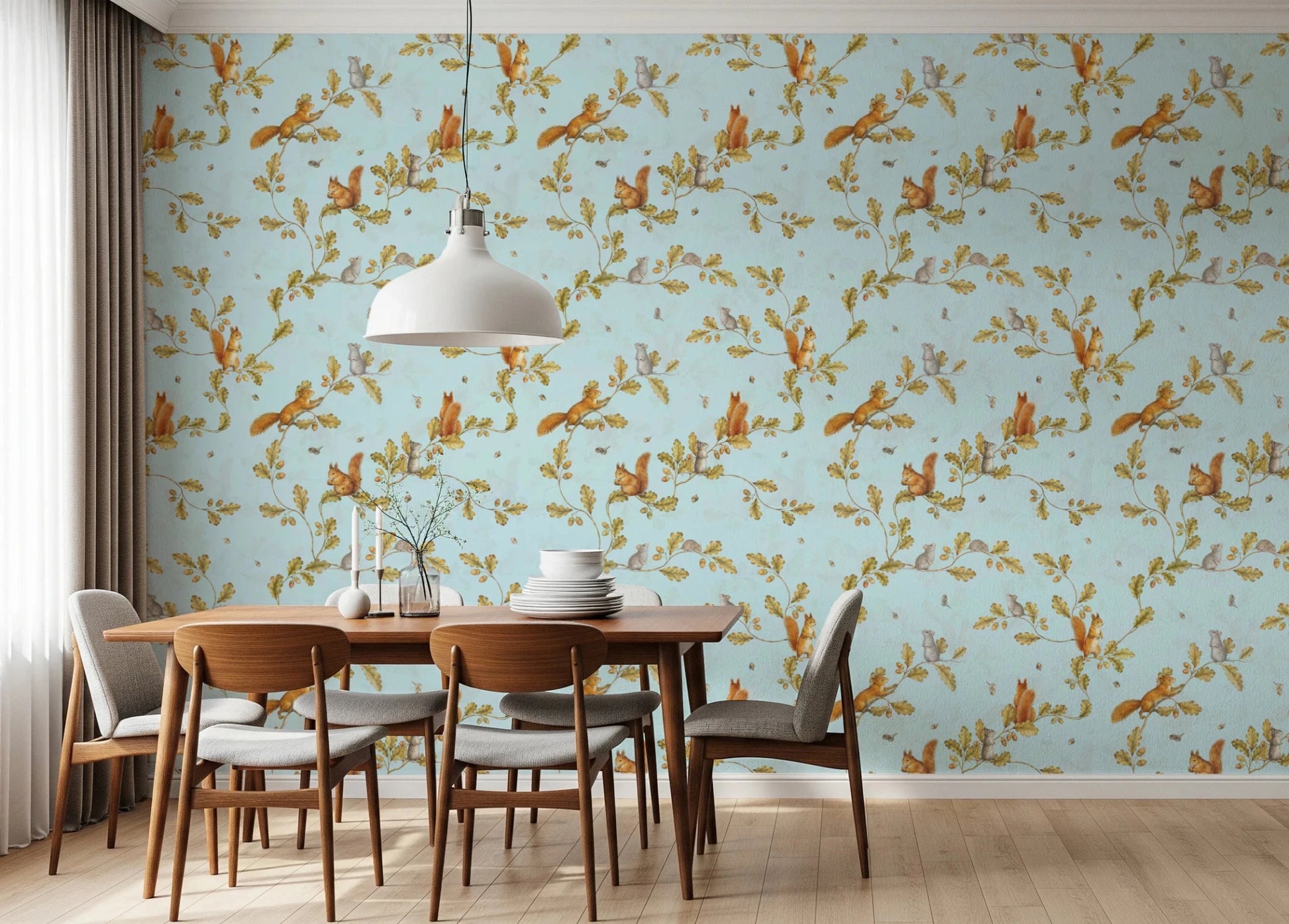 18th Rococo Forest Chinoiserie with Squirrels and Mice on Oak Tree Branches Blue Wallpaper⁠
