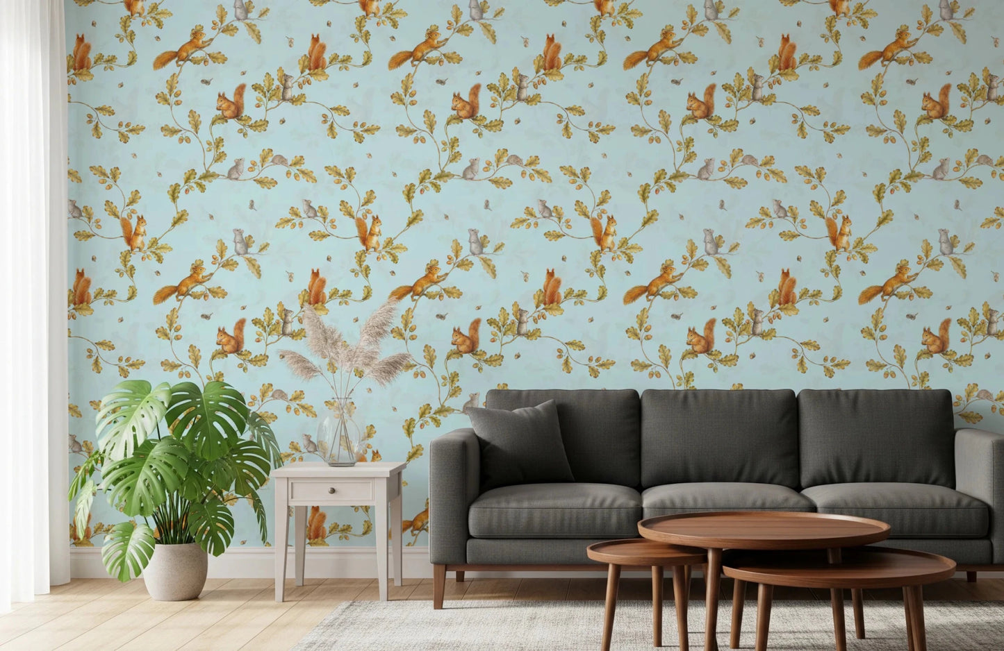 18th Rococo Forest Chinoiserie with Squirrels and Mice on Oak Tree Branches Blue Wallpaper⁠