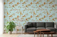 18th Rococo Forest Chinoiserie with Squirrels and Mice on Oak Tree Branches Blue Wallpaper⁠